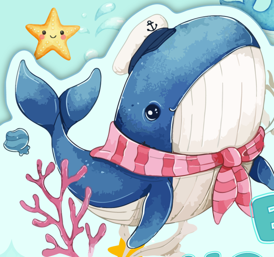 Cute cartoon whale wearing a pink scarf